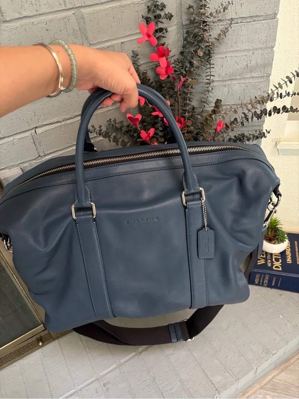 Coach Navy Leather Duffel with Detachable Strap